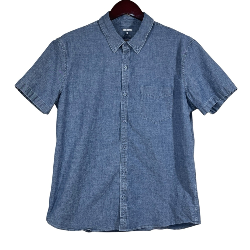 True Classic Short Sleeve Denim Shirt Mens XL Blue Button Down Stretch Casual
